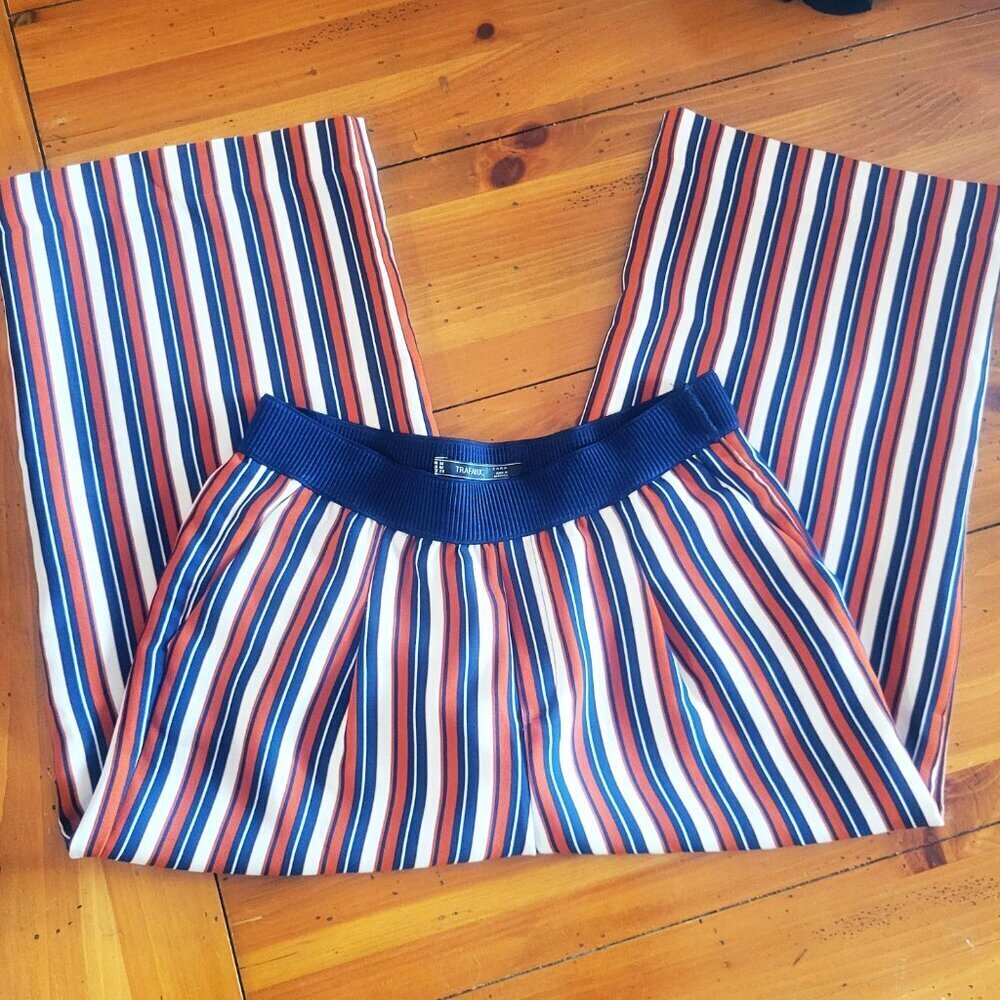 ZARA Women's Navy/Dk Orange/White Striped Cropped Wide Leg Flowy Pants - Size M - Picture 6 of 11